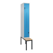 C+P Z-Spind Classic PLUS, Bank, 2 Fächer, 2120x300x815mm, 7035/5012 Verschluss Sicherheits-Drehriegel Sitzbanktyp untergebaut Material Sitzfläche Buche-Hartholz