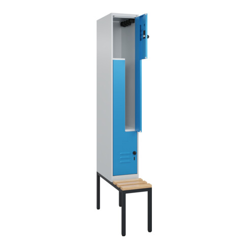 C+P Z-Spind Classic PLUS, Bank, 2 Fächer, 2120x300x815mm, 7035/5012 Verschluss Sicherheits-Drehriegel Sitzbanktyp untergebaut Material Sitzfläche Buche-Hartholz