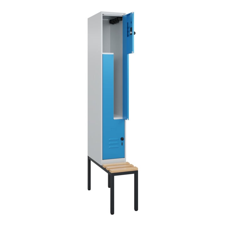 C+P Z-Spind Classic PLUS, Bank, 2 Fächer, 2120x300x815mm, 7035/5012 Verschluss Sicherheits-Drehriegel Sitzbanktyp untergebaut Material Sitzfläche Buche-Hartholz