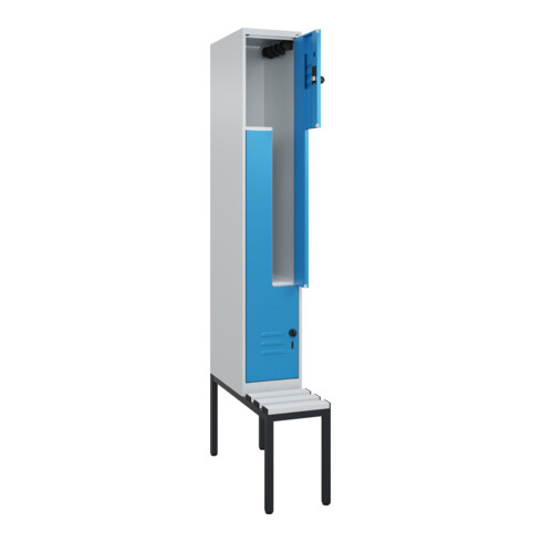 C+P Z-Spind Classic PLUS, Bank, 2 Fächer, 2120x300x815mm, 7035/5012 Verschluss Sicherheits-Drehriegel Sitzbanktyp untergebaut Material Sitzfläche Kunststoff