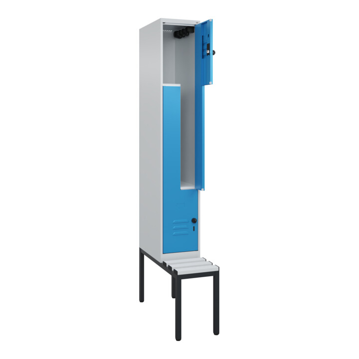 C+P Z-Spind Classic PLUS, Bank, 2 Fächer, 2120x300x815mm, 7035/5012 Verschluss Sicherheits-Drehriegel Sitzbanktyp untergebaut Material Sitzfläche Kunststoff