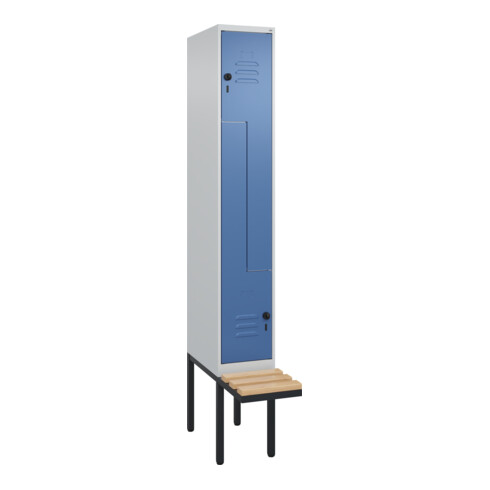 C+P Z-Spind Classic PLUS, Bank, 2 Fächer, 2120x300x815mm, 7035/5023 Verschluss Sicherheits-Drehriegel Sitzbanktyp auskragend Material Sitzfläche Buche-Hartholz