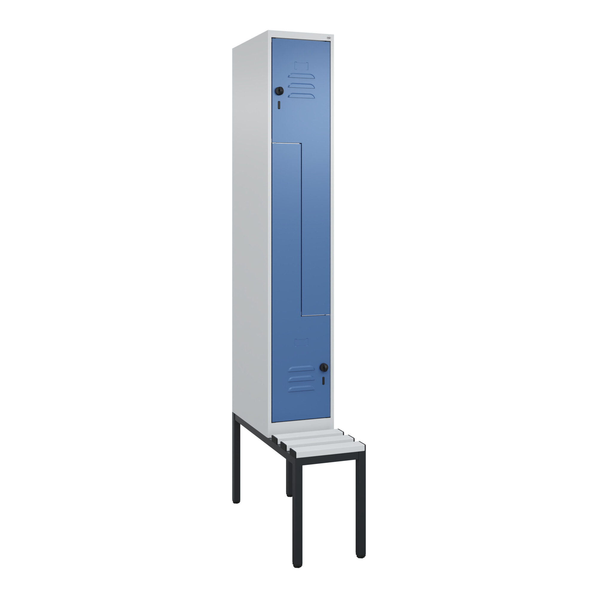C+P Z-Spind Classic PLUS, Bank, 2 Fächer, 2120x300x815mm, 7035/5023 Verschluss Sicherheits-Drehriegel Sitzbanktyp untergebaut Material Sitzfläche Kuns