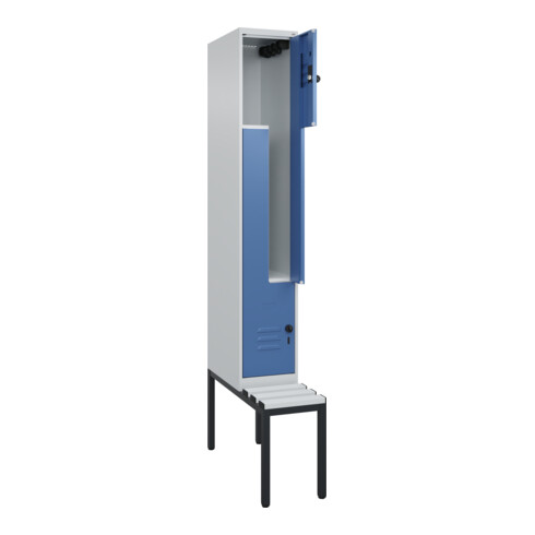 C+P Z-Spind Classic PLUS, Bank, 2 Fächer, 2120x300x815mm, 7035/5023 Verschluss Sicherheits-Drehriegel Sitzbanktyp untergebaut Material Sitzfläche Kunststoff
