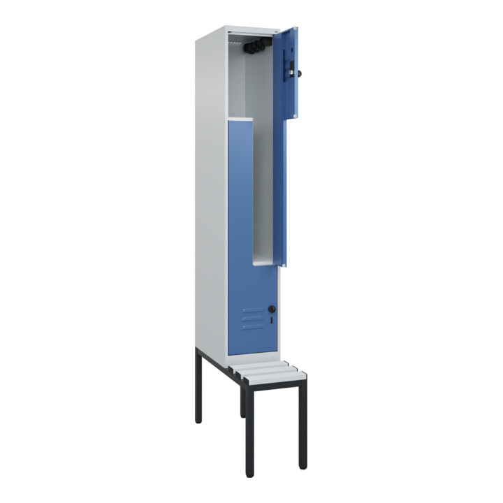 C+P Z-Spind Classic PLUS, Bank, 2 Fächer, 2120x300x815mm, 7035/5023 Verschluss Sicherheits-Drehriegel Sitzbanktyp untergebaut Material Sitzfläche Kunststoff