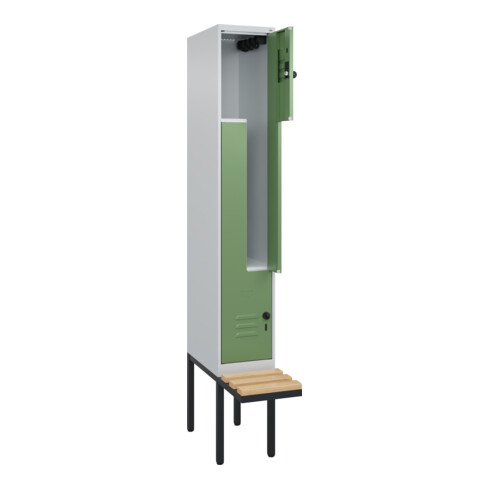 C+P Z-Spind Classic PLUS, Bank, 2 Fächer, 2120x300x815mm, 7035/6011 Verschluss Sicherheits-Drehriegel Sitzbanktyp auskragend Material Sitzfläche Buche-Hartholz