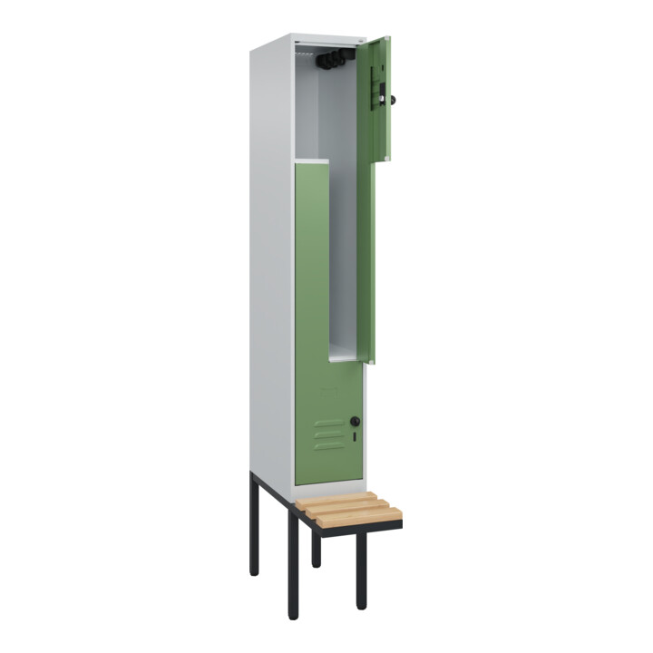 C+P Z-Spind Classic PLUS, Bank, 2 Fächer, 2120x300x815mm, 7035/6011 Verschluss Sicherheits-Drehriegel Sitzbanktyp auskragend Material Sitzfläche Buche-Hartholz