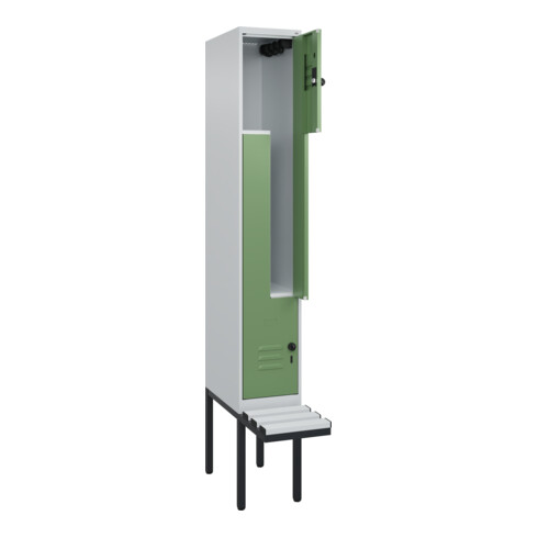 C+P Z-Spind Classic PLUS, Bank, 2 Fächer, 2120x300x815mm, 7035/6011 Verschluss Sicherheits-Drehriegel Sitzbanktyp auskragend Material Sitzfläche Kunststoff