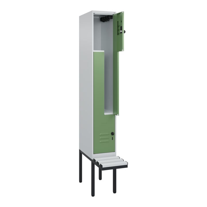 C+P Z-Spind Classic PLUS, Bank, 2 Fächer, 2120x300x815mm, 7035/6011 Verschluss Sicherheits-Drehriegel Sitzbanktyp auskragend Material Sitzfläche Kunststoff