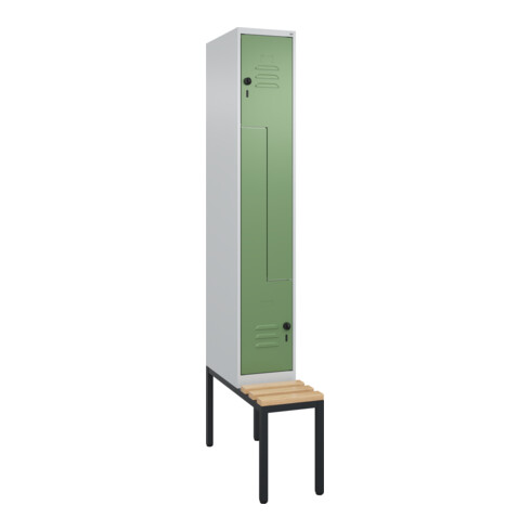 C+P Z-Spind Classic PLUS, Bank, 2 Fächer, 2120x300x815mm, 7035/6011 Verschluss Sicherheits-Drehriegel Sitzbanktyp untergebaut Material Sitzfläche Buche-Hartholz
