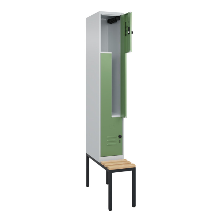 C+P Z-Spind Classic PLUS, Bank, 2 Fächer, 2120x300x815mm, 7035/6011 Verschluss Sicherheits-Drehriegel Sitzbanktyp untergebaut Material Sitzfläche Buche-Hartholz