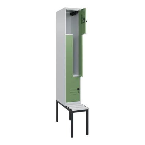 C+P Z-Spind Classic PLUS, Bank, 2 Fächer, 2120x300x815mm, 7035/6011 Verschluss Sicherheits-Drehriegel Sitzbanktyp untergebaut Material Sitzfläche Kunststoff
