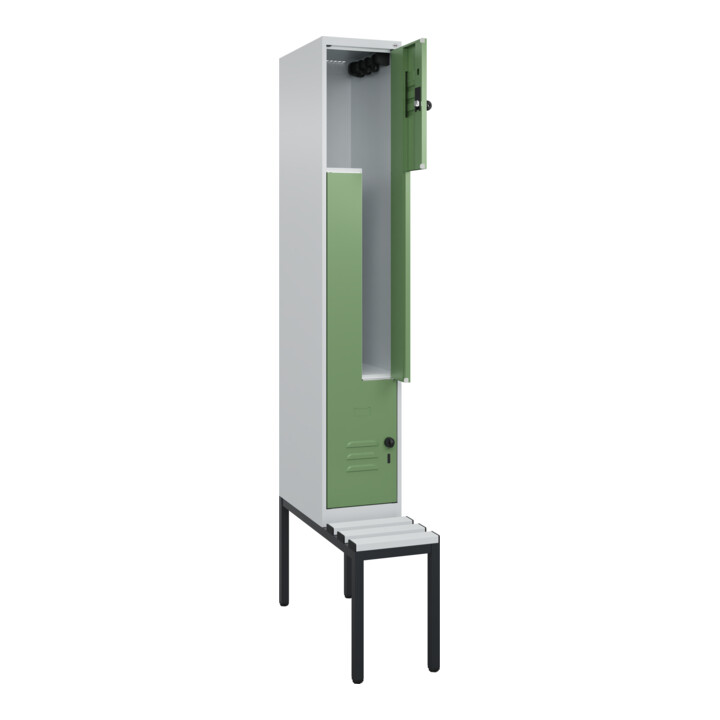 C+P Z-Spind Classic PLUS, Bank, 2 Fächer, 2120x300x815mm, 7035/6011 Verschluss Sicherheits-Drehriegel Sitzbanktyp untergebaut Material Sitzfläche Kunststoff
