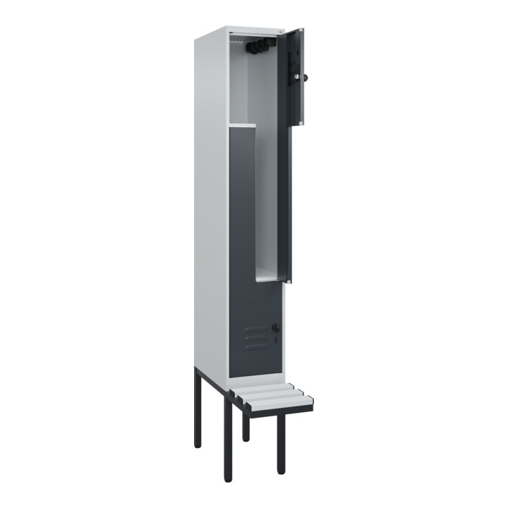 C+P Z-Spind Classic PLUS, Bank, 2 Fächer, 2120x300x815mm, 7035/7016 Verschluss Sicherheits-Drehriegel Sitzbanktyp auskragend Material Sitzfläche Kunststoff