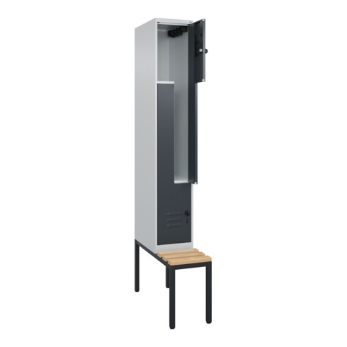 C+P Z-Spind Classic PLUS, Bank, 2 Fächer, 2120x300x815mm, 7035/7016 Verschluss Sicherheits-Drehriegel Sitzbanktyp untergebaut Material Sitzfläche Buche-Hartholz