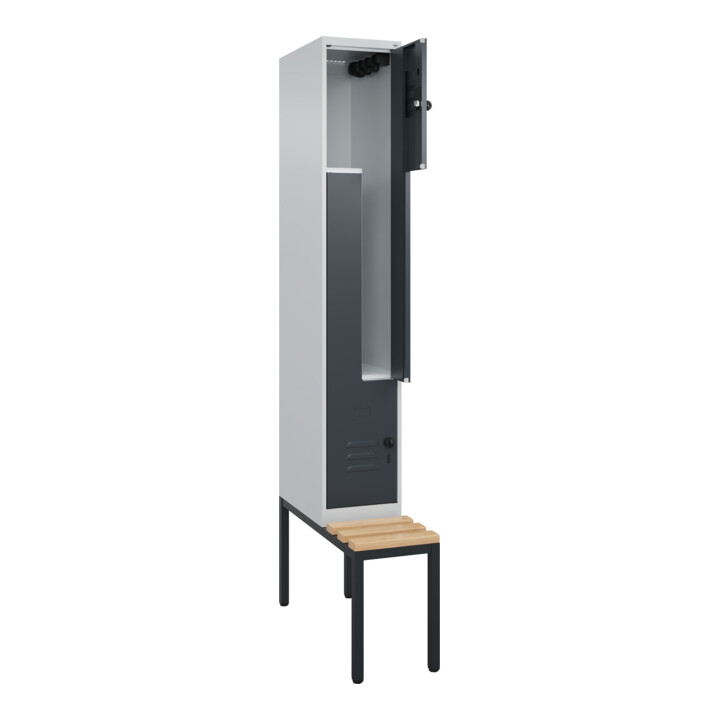 C+P Z-Spind Classic PLUS, Bank, 2 Fächer, 2120x300x815mm, 7035/7016 Verschluss Sicherheits-Drehriegel Sitzbanktyp untergebaut Material Sitzfläche Buche-Hartholz