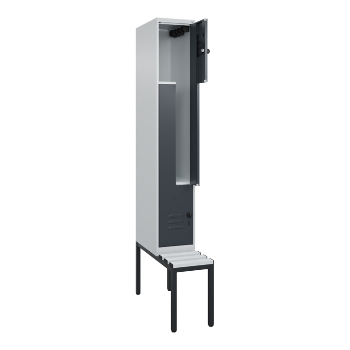 C+P Z-Spind Classic PLUS, Bank, 2 Fächer, 2120x300x815mm, 7035/7016 Verschluss Sicherheits-Drehriegel Sitzbanktyp untergebaut Material Sitzfläche Kunststoff