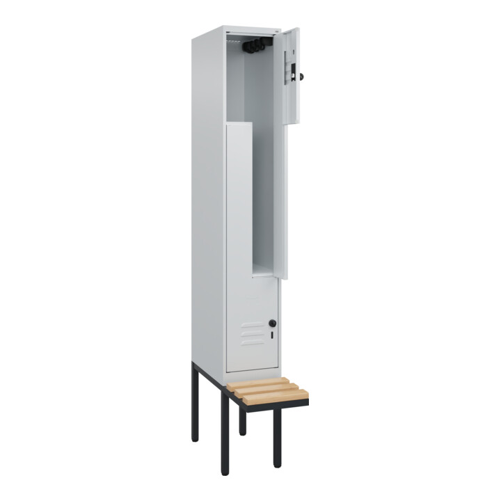 C+P Z-Spind Classic PLUS, Bank, 2 Fächer, 2120x300x815mm, 7035/7035 Verschluss Sicherheits-Drehriegel Sitzbanktyp auskragend Material Sitzfläche Buche-Hartholz