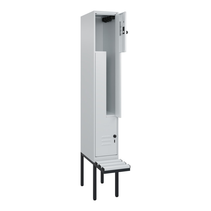 C+P Z-Spind Classic PLUS, Bank, 2 Fächer, 2120x300x815mm, 7035/7035 Verschluss Sicherheits-Drehriegel Sitzbanktyp auskragend Material Sitzfläche Kunststoff