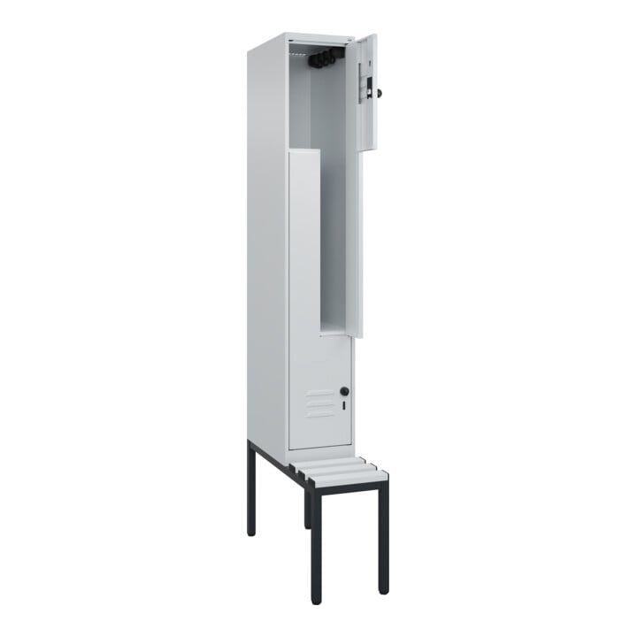 C+P Z-Spind Classic PLUS, Bank, 2 Fächer, 2120x300x815mm, 7035/7035 Verschluss Sicherheits-Drehriegel Sitzbanktyp untergebaut Material Sitzfläche Kunststoff