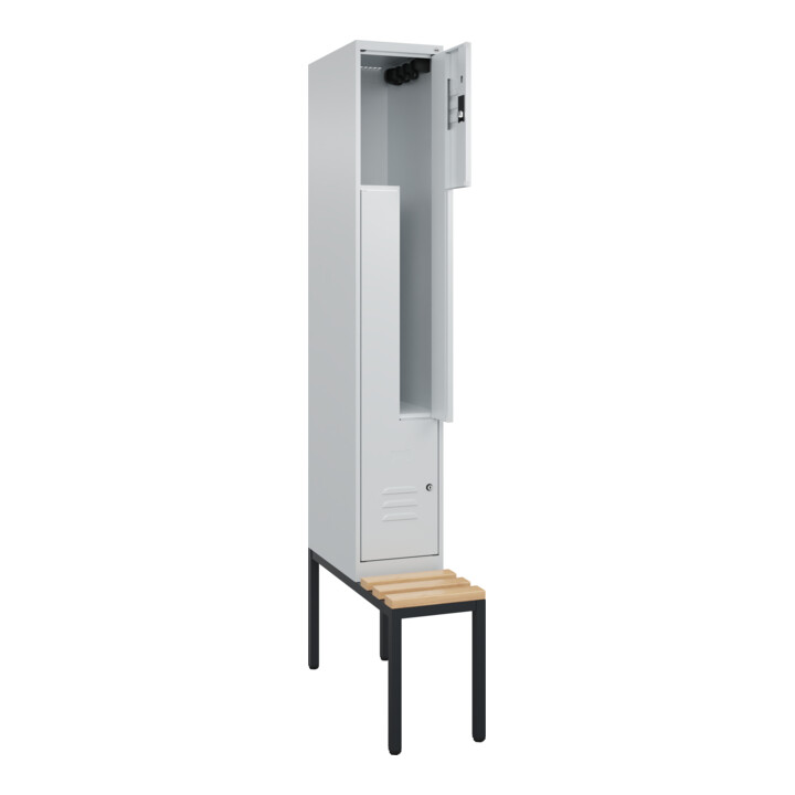 C+P Z-Spind Classic PLUS, Bank, 2 Fächer, 2120x300x815mm, 7035/7035 Verschluss Zylinderschloss Sitzbanktyp untergebaut Material Sitzfläche Buche-Hartholz