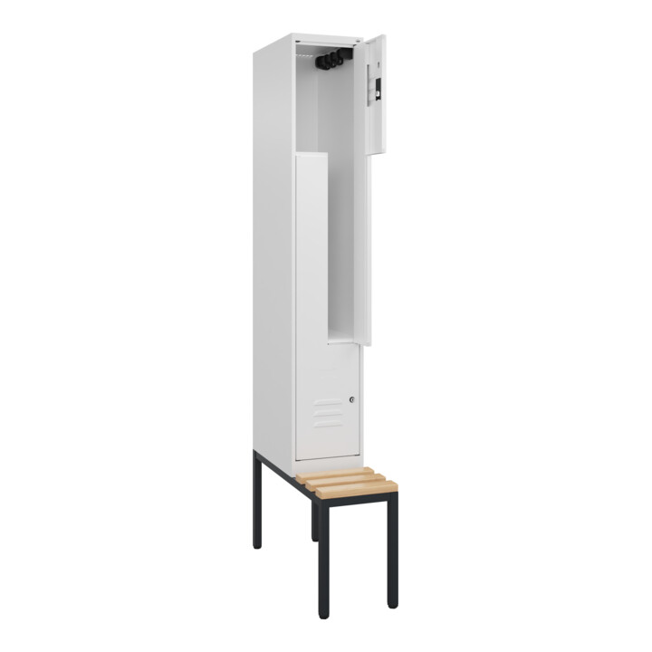 C+P Z-Spind Classic PLUS, Bank, 2 Fächer, 2120x300x815mm, 9016/9016 Verschluss Zylinderschloss Sitzbanktyp untergebaut Material Sitzfläche Buche-Hartholz