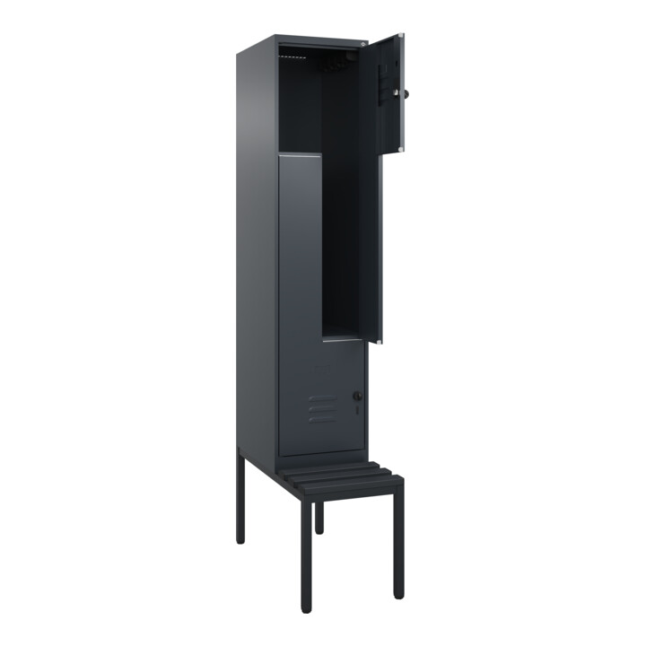 C+P Z-Spind Classic PLUS, Bank, 2 Fächer, 2120x400x815mm, 7016/7016 Verschluss Sicherheits-Drehriegel Sitzbanktyp untergebaut Material Sitzfläche Kunststoff