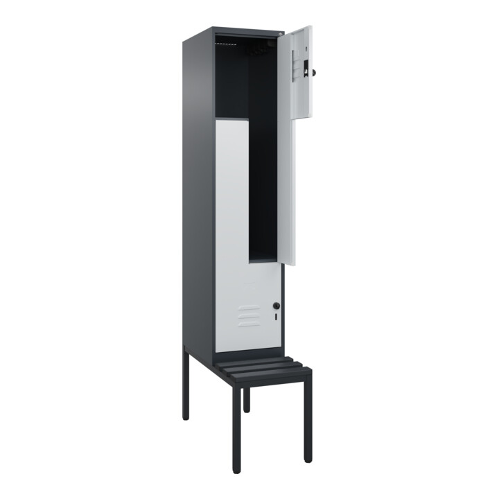 C+P Z-Spind Classic PLUS, Bank, 2 Fächer, 2120x400x815mm, 7016/7035 Verschluss Sicherheits-Drehriegel Sitzbanktyp untergebaut Material Sitzfläche Kunststoff