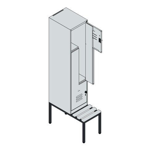 C+P Z-Spind Classic PLUS, Bank, 2 Fächer, 2120x400x815mm, 7016/7035 Verschluss Zylinderschloss Sitzbanktyp untergebaut Material Sitzfläche Buche-Hartholz