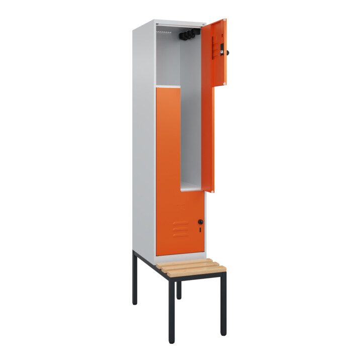 C+P Z-Spind Classic PLUS, Bank, 2 Fächer, 2120x400x815mm, 7035/2004 Verschluss Sicherheits-Drehriegel Sitzbanktyp untergebaut Material Sitzfläche Buche-Hartholz