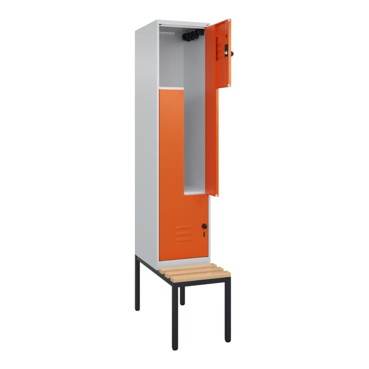 C+P Z-Spind Classic PLUS, Bank, 2 Fächer, 2120x400x815mm, 7035/2004 Verschluss Sicherheits-Drehriegel Sitzbanktyp untergebaut Material Sitzfläche Buche-Hartholz
