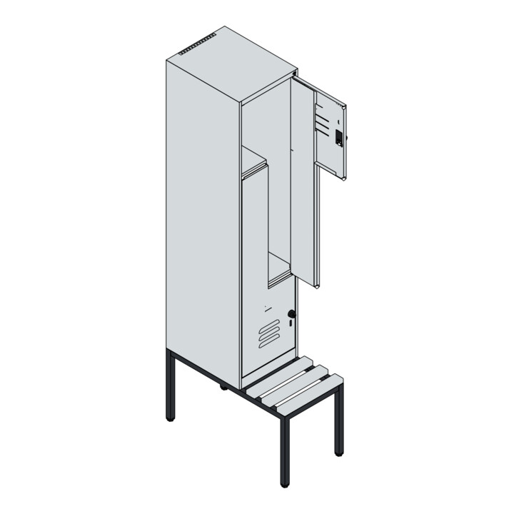 C+P Z-Spind Classic PLUS, Bank, 2 Fächer, 2120x400x815mm, 7035/2004 Verschluss Sicherheits-Drehriegel Sitzbanktyp untergebaut Material Sitzfläche Buche-Hartholz