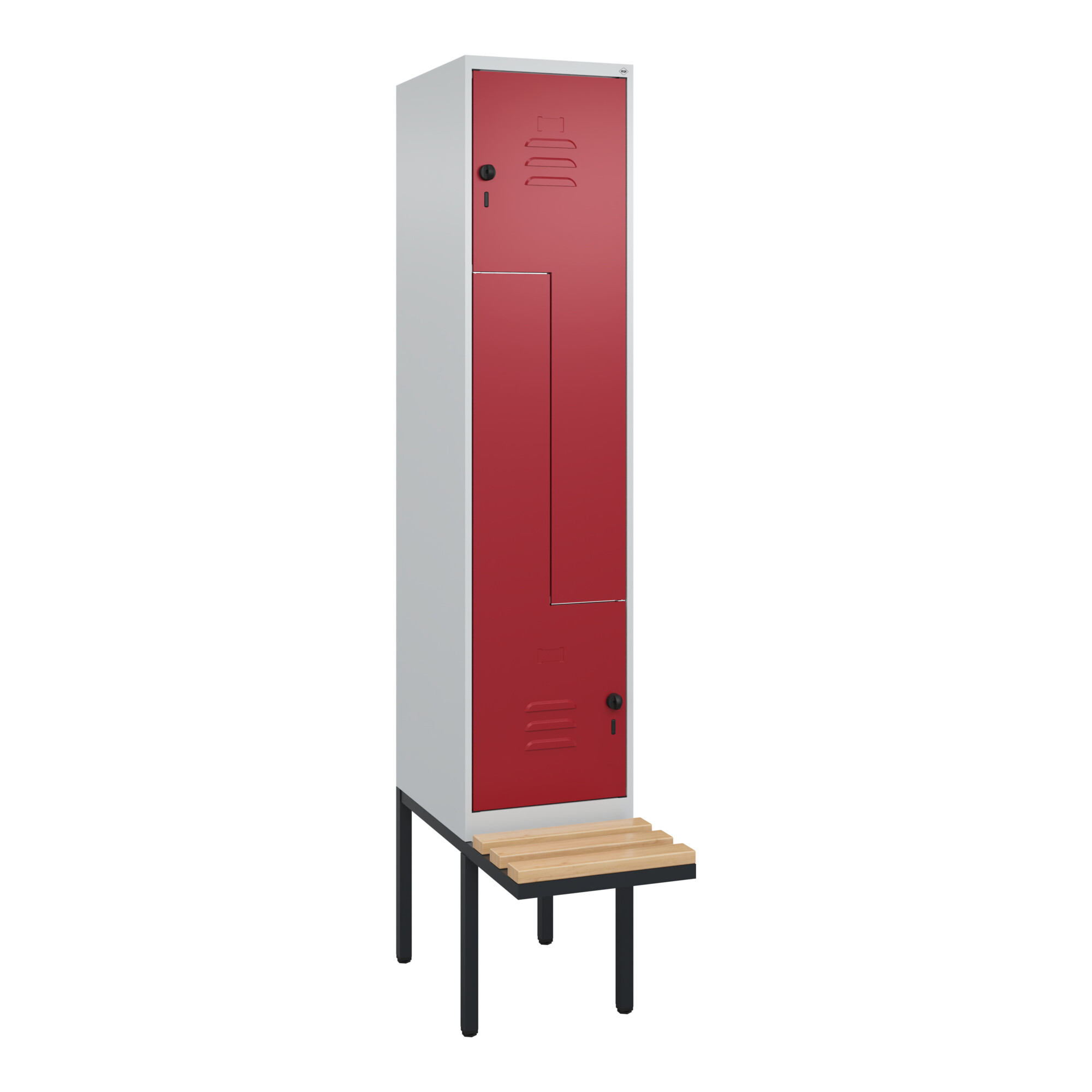 C+P Z-Spind Classic PLUS, Bank, 2 Fächer, 2120x400x815mm, 7035/3003 Verschluss Sicherheits-Drehriegel Sitzbanktyp auskragend Material Sitzfläche Buche