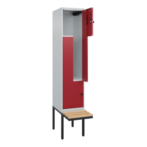 C+P Z-Spind Classic PLUS, Bank, 2 Fächer, 2120x400x815mm, 7035/3003 Verschluss Sicherheits-Drehriegel Sitzbanktyp auskragend Material Sitzfläche Buche-Hartholz