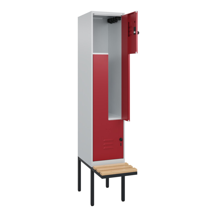C+P Z-Spind Classic PLUS, Bank, 2 Fächer, 2120x400x815mm, 7035/3003 Verschluss Sicherheits-Drehriegel Sitzbanktyp auskragend Material Sitzfläche Buche-Hartholz