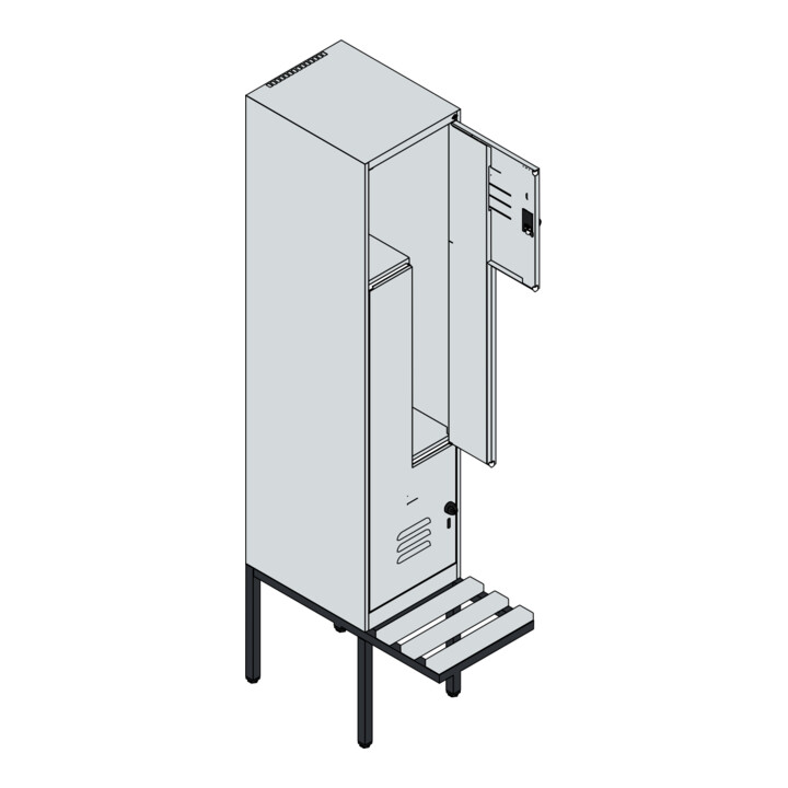 C+P Z-Spind Classic PLUS, Bank, 2 Fächer, 2120x400x815mm, 7035/3003 Verschluss Sicherheits-Drehriegel Sitzbanktyp auskragend Material Sitzfläche Buche-Hartholz