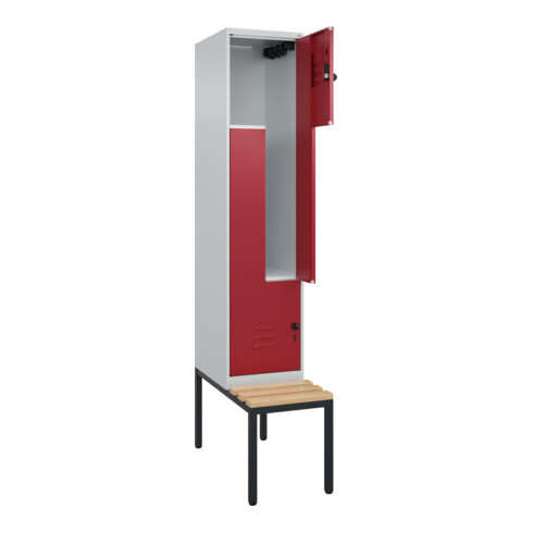 C+P Z-Spind Classic PLUS, Bank, 2 Fächer, 2120x400x815mm, 7035/3003 Verschluss Sicherheits-Drehriegel Sitzbanktyp untergebaut Material Sitzfläche Buche-Hartholz