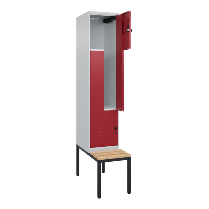 C+P Z-Spind Classic PLUS, Bank, 2 Fächer, 2120x400x815mm, 7035/3003 Verschluss Sicherheits-Drehriegel Sitzbanktyp untergebaut Material Sitzfläche Buche-Hartholz