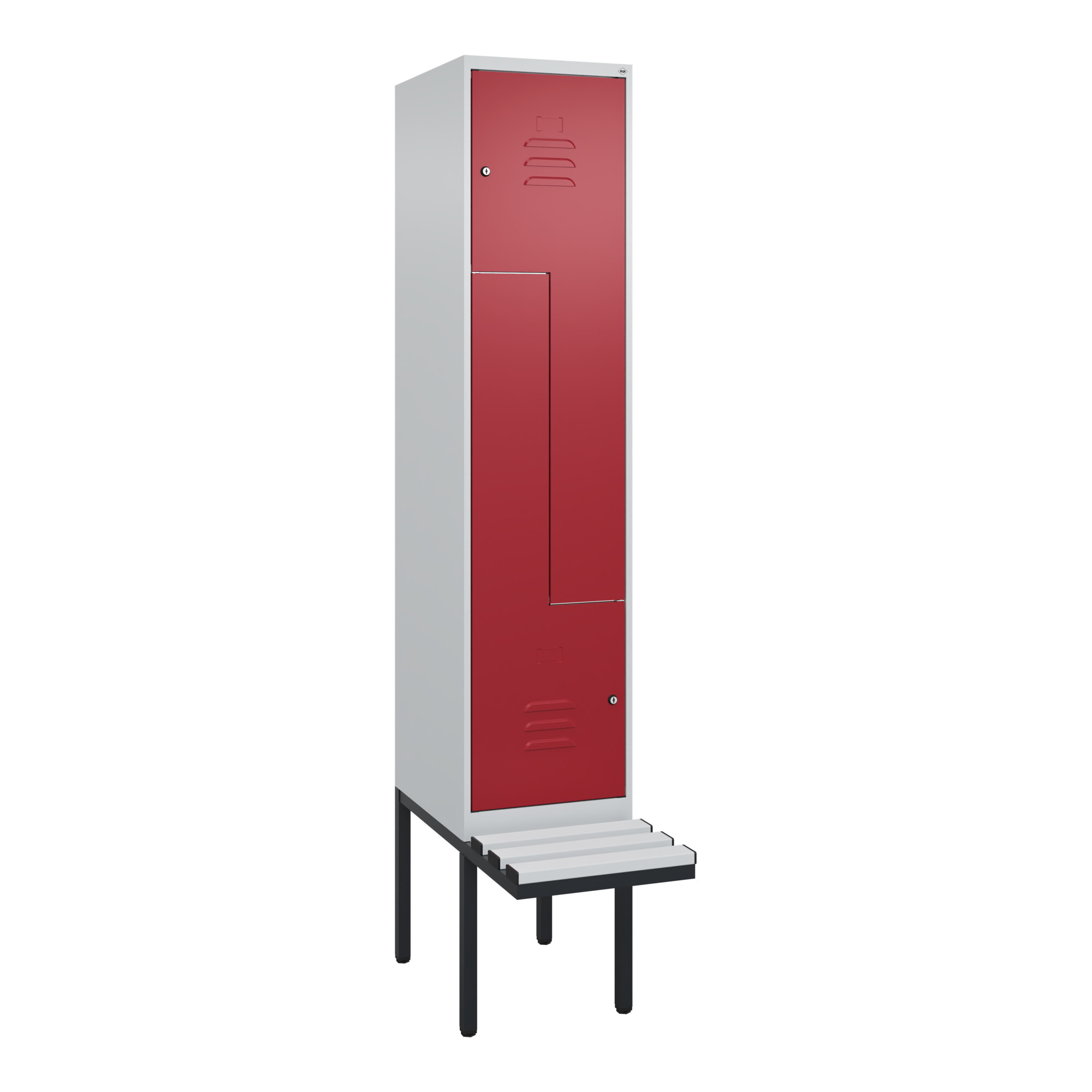 C+P Z-Spind Classic PLUS, Bank, 2 Fächer, 2120x400x815mm, 7035/3003 Verschluss Zylinderschloss Sitzbanktyp auskragend Material Sitzfläche Kunststoff ;