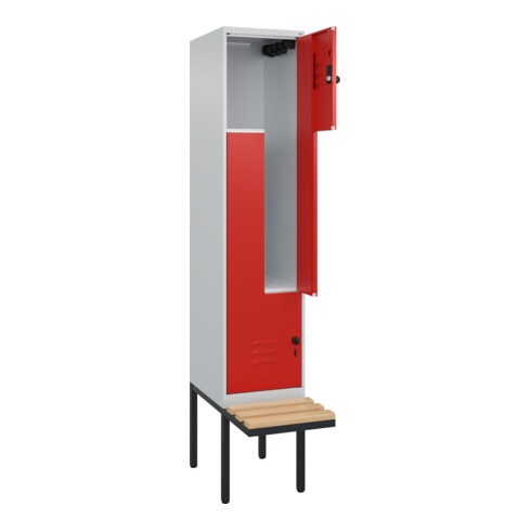 C+P Z-Spind Classic PLUS, Bank, 2 Fächer, 2120x400x815mm, 7035/3020 Verschluss Sicherheits-Drehriegel Sitzbanktyp auskragend Material Sitzfläche Buche-Hartholz