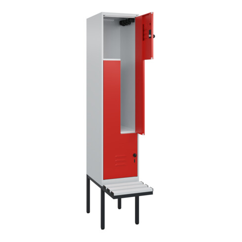 C+P Z-Spind Classic PLUS, Bank, 2 Fächer, 2120x400x815mm, 7035/3020 Verschluss Sicherheits-Drehriegel Sitzbanktyp auskragend Material Sitzfläche Kunststoff