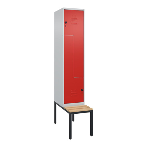 C+P Z-Spind Classic PLUS, Bank, 2 Fächer, 2120x400x815mm, 7035/3020 Verschluss Sicherheits-Drehriegel Sitzbanktyp untergebaut Material Sitzfläche Buche-Hartholz