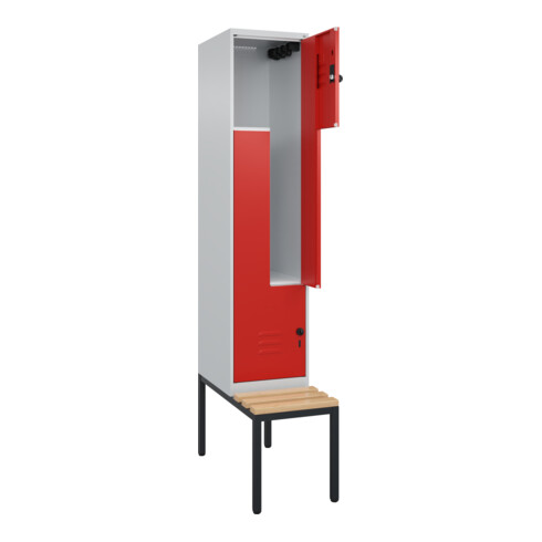 C+P Z-Spind Classic PLUS, Bank, 2 Fächer, 2120x400x815mm, 7035/3020 Verschluss Sicherheits-Drehriegel Sitzbanktyp untergebaut Material Sitzfläche Buche-Hartholz