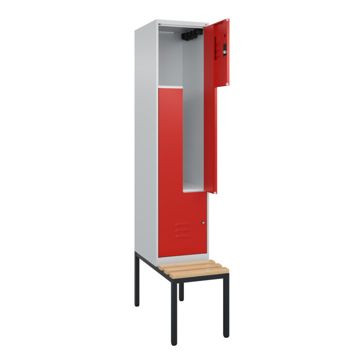 C+P Z-Spind Classic PLUS, Bank, 2 Fächer, 2120x400x815mm, 7035/3020 Verschluss Zylinderschloss Sitzbanktyp untergebaut Material Sitzfläche Buche-Hartholz