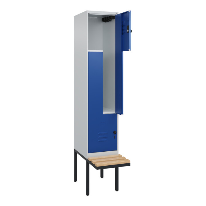 C+P Z-Spind Classic PLUS, Bank, 2 Fächer, 2120x400x815mm, 7035/5010 Verschluss Sicherheits-Drehriegel Sitzbanktyp auskragend Material Sitzfläche Buche-Hartholz