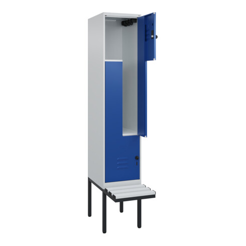 C+P Z-Spind Classic PLUS, Bank, 2 Fächer, 2120x400x815mm, 7035/5010 Verschluss Sicherheits-Drehriegel Sitzbanktyp auskragend Material Sitzfläche Kunststoff