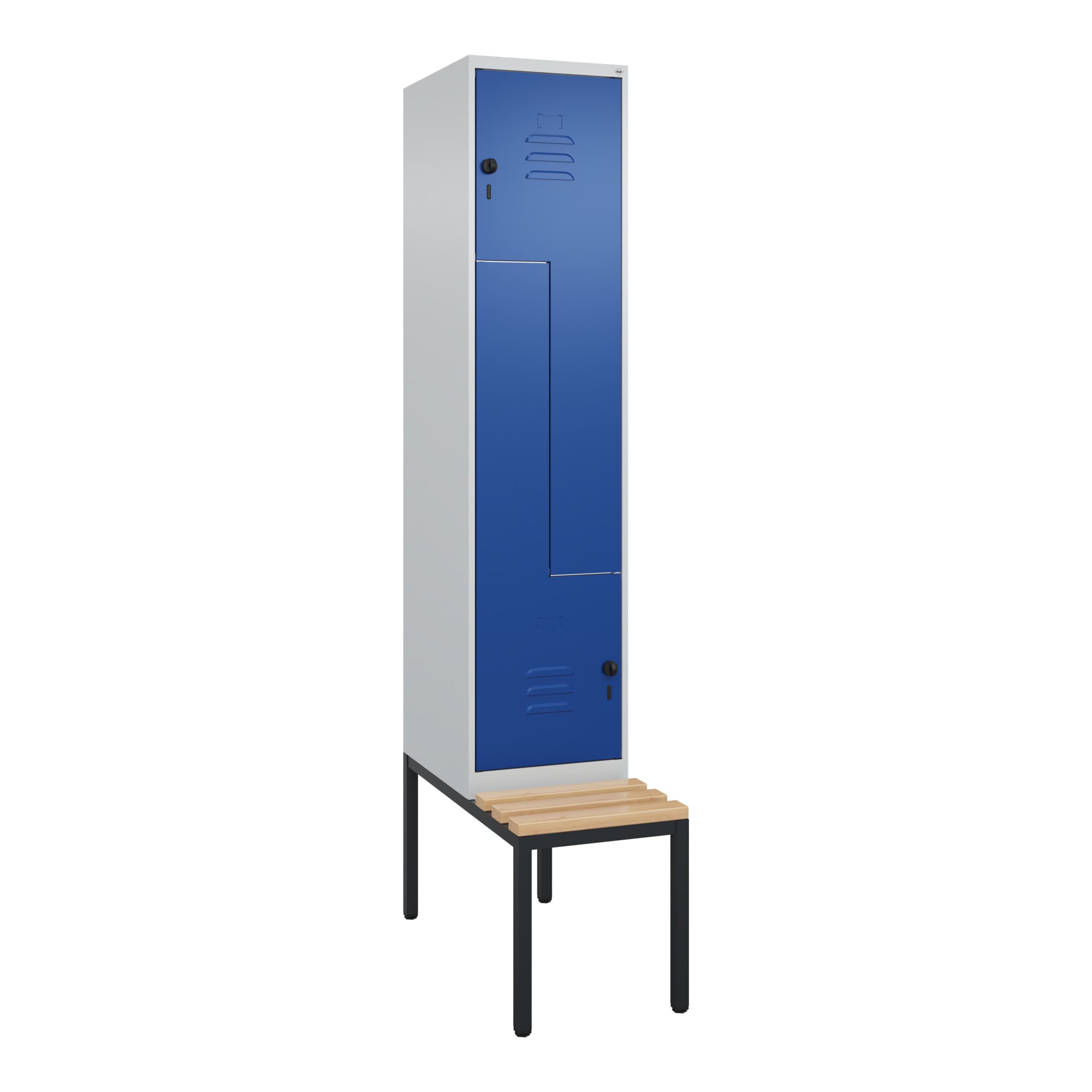 C+P Z-Spind Classic PLUS, Bank, 2 Fächer, 2120x400x815mm, 7035/5010 Verschluss Sicherheits-Drehriegel Sitzbanktyp untergebaut Material Sitzfläche Buch