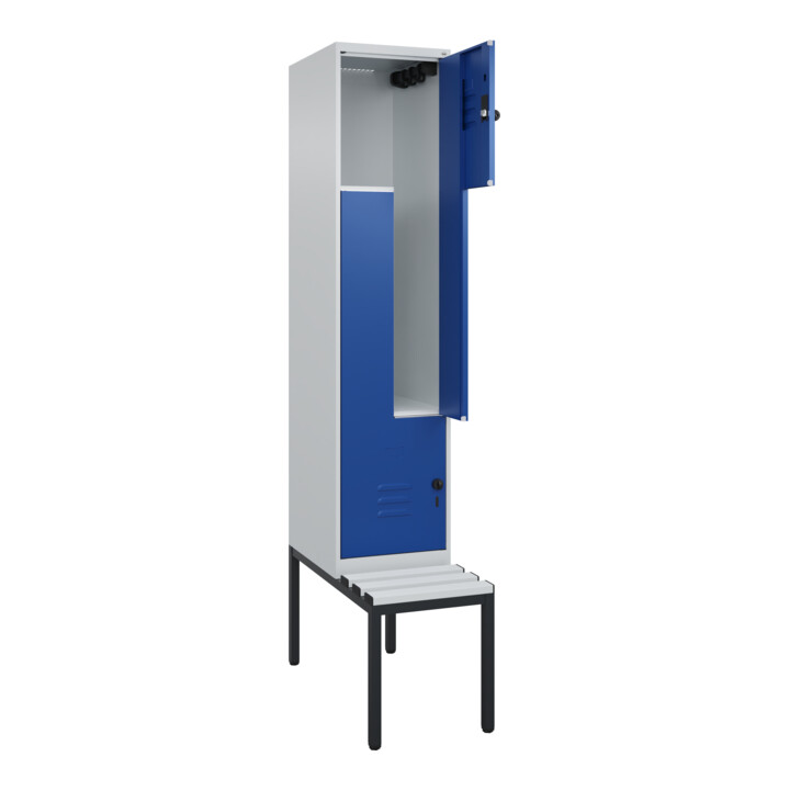 C+P Z-Spind Classic PLUS, Bank, 2 Fächer, 2120x400x815mm, 7035/5010 Verschluss Sicherheits-Drehriegel Sitzbanktyp untergebaut Material Sitzfläche Kunststoff