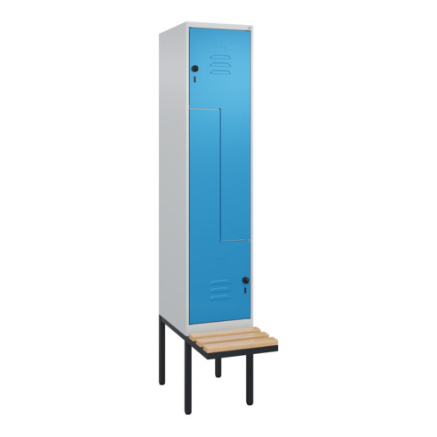 C+P Z-Spind Classic PLUS, Bank, 2 Fächer, 2120x400x815mm, 7035/5012 Verschluss Sicherheits-Drehriegel Sitzbanktyp auskragend Material Sitzfläche Buche-Hartholz