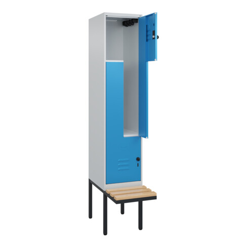 C+P Z-Spind Classic PLUS, Bank, 2 Fächer, 2120x400x815mm, 7035/5012 Verschluss Sicherheits-Drehriegel Sitzbanktyp auskragend Material Sitzfläche Buche-Hartholz